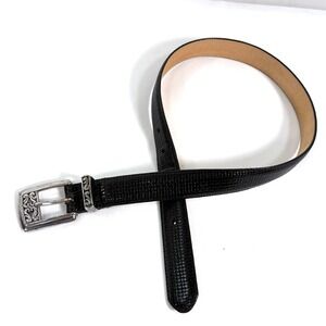 Talbots Belt Black Lizard Embossed Leather Silver Ornate Scroll Buckle‎ USA Made